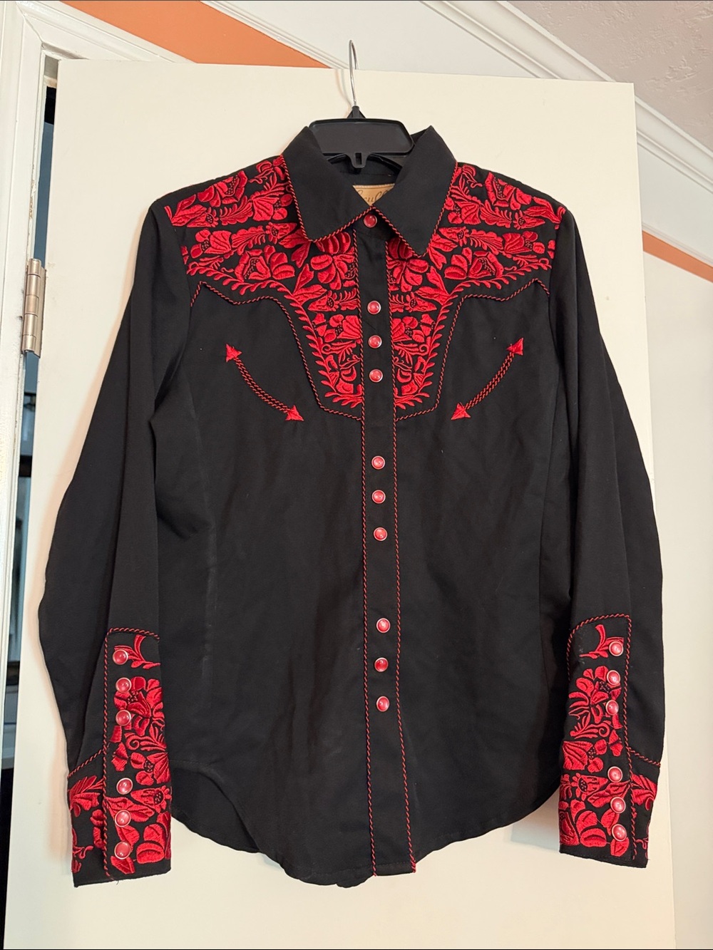 Black Button-Down  Shirt with Red Floral Embroidery western wear